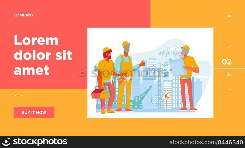 Engineers team discussing issues at construction site flat vector illustration. Foreman looking at construction project plan. Building and engineering concept. Machinery and crane on background