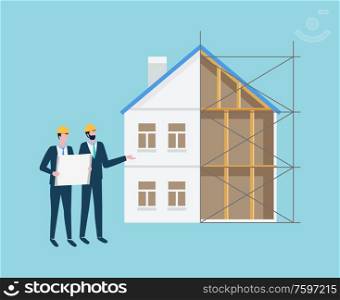 Engineers wearing helmets and looking at pages vector, schemes and plans in hands of people looking at building in process, walls and chimney windows. People Working on Constructing New Building Vector