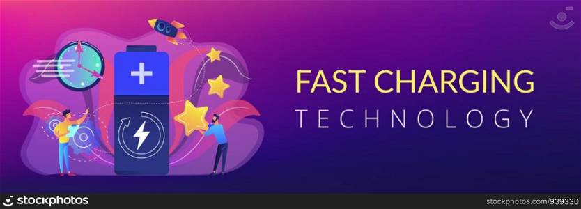 Engineers with battery charging and stars with rocket. Fast charging technology, fast-charge batteries, new battery engineering concept. Header or footer banner template with copy space.. Fast charging technology concept banner header.