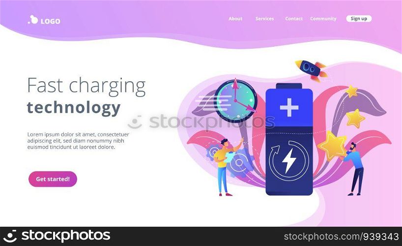 Engineers with battery charging and stars with rocket. Fast charging technology, fast-charge batteries, new battery engineering concept. Website vibrant violet landing web page template.. Fast charging technology concept landing page.