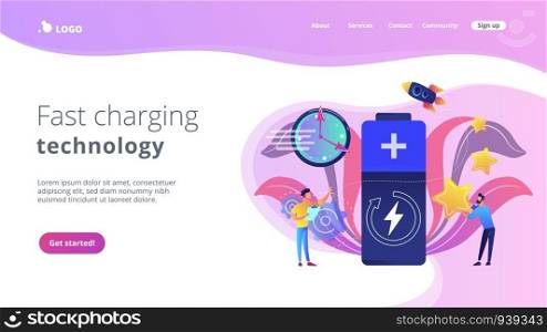 Engineers with battery charging and stars with rocket. Fast charging technology, fast-charge batteries, new battery engineering concept. Website vibrant violet landing web page template.. Fast charging technology concept landing page.