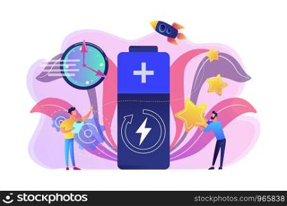 Engineers with battery charging, clock and stars with rocket. Fast charging technology, fast-charge batteries, new battery engineering concept. Bright vibrant violet vector isolated illustration. Fast charging technology concept vector illustration.