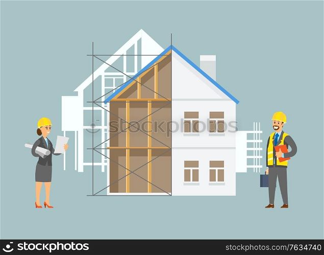 Engineers with plans and schemes, man and woman designers of construction workers wearing helmets and protective hats isolated job. Vector illustration in flat cartoon style. People Working Building of Contsruction Engineers