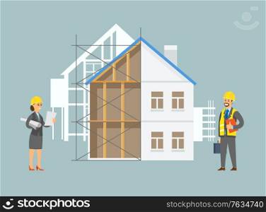 Engineers with plans and schemes, man and woman designers of construction workers wearing helmets and protective hats isolated job. Vector illustration in flat cartoon style. People Working Building of Contsruction Engineers