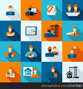 Engineers with tools drafts and equipment icons flat set isolated vector illustration