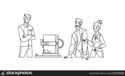 Engineers Working And Create Equipment Black Line Pencil Drawing Vector. Men And Woman Engineers Working Together And Discussing About Development Modern Device. Characters Occupation Illustration. Engineers Working And Create Equipment Vector