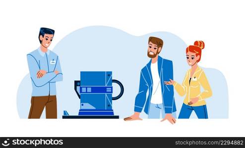 Engineers Working And Create Equipment Vector. Men And Woman Engineers Working Together And Discussing About Development Modern Device. Characters Occupation Flat Cartoon Illustration. Engineers Working And Create Equipment Vector