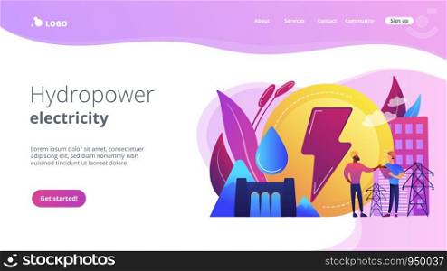 Engineers working at hydropower dam producing falling water energy. Hydropower electricity, water power, renewable sources concept. Website vibrant violet landing web page template.. Hydropower concept landing page.
