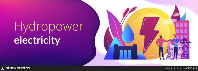 Engineers working at hydropower dam producing falling water energy. Hydropower electricity, water power, renewable sources concept. Header or footer banner template with copy space.. Hydropower concept banner header.