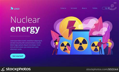 Engineers working at nuclear power plant reactors releasing energy. Nuclear energy, nuclear power plant, sustainable energy source concept. Website vibrant violet landing web page template.. Nuclear energy concept landing page.