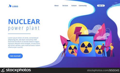 Engineers working at nuclear power plant reactors releasing energy. Nuclear energy, nuclear power plant, sustainable energy source concept. Website vibrant violet landing web page template.. Nuclear energy concept landing page.