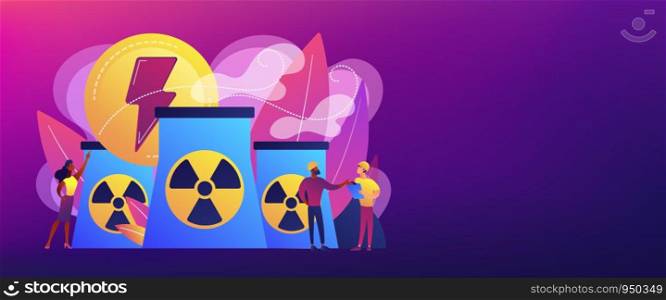 Engineers working at nuclear power plant reactors releasing energy. Nuclear energy, nuclear power plant, sustainable energy source concept. Header or footer banner template with copy space.. Nuclear energy concept banner header.