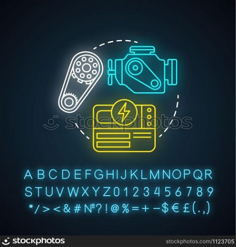 Engines neon light concept icon. Power source idea. Modern motors, mechanism. Innovative energy source. Glowing sign with alphabet, numbers and symbols. Vector isolated illustration