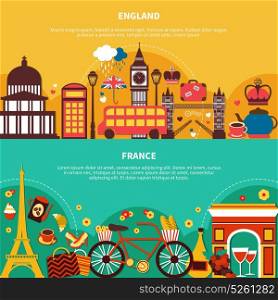 England And France Horizontal Banners . England and france horizontal banners with landmarks images and elements of national culture flat vector illustration