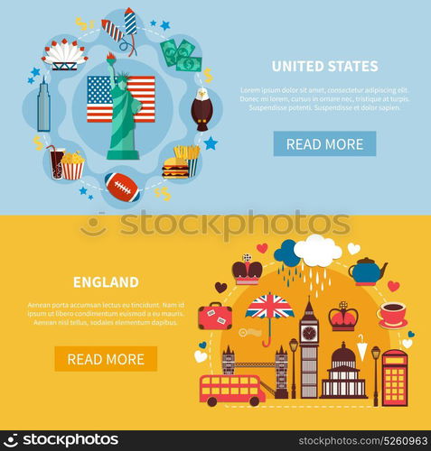 England And United States Horizontal Banners. England and united states horizontal banners with decorative icons set described national historic and culture landmarks flat vector illustration