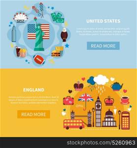 England And United States Horizontal Banners. England and united states horizontal banners with decorative icons set described national historic and culture landmarks flat vector illustration