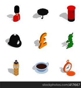 England attractions icons set. Isometric 3d illustration of 9 England attractions vector icons for web. England attractions icons, isometric 3d style