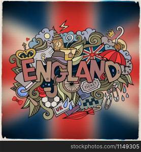 England country hand lettering and doodles elements and symbols emblem. Vector blurred flag background. England country hand lettering and doodles elements