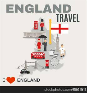 England Culture For Travelers Poster. Albion island travel misty grey map of england poster with sightseeing places and cultural symbols vector illustration