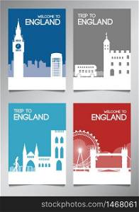 England famous landmark and symbol in silhouette style with national flag color theme brochure set,vector illustration