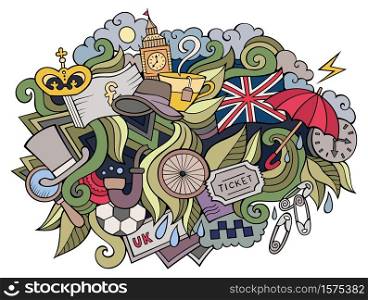 England hand drawn cartoon doodles illustration. Funny travel design. Creative art vector background. Great Britan symbols, elements and objects. Colorful composition. England hand drawn cartoon doodles illustration. Funny travel design.