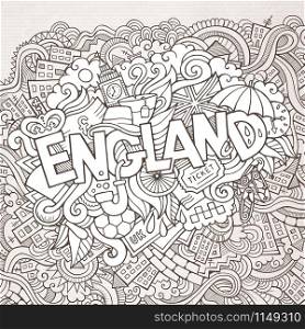 England hand lettering and doodles elements background. Vector illustration. England hand lettering and doodles elements background