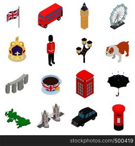 England icons set in isometric 3d style isolated on white. England icons set, isometric 3d style