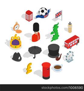 England icons set in isometric 3d style. London set collection isolated vector illustration. England icons set, isometric 3d style