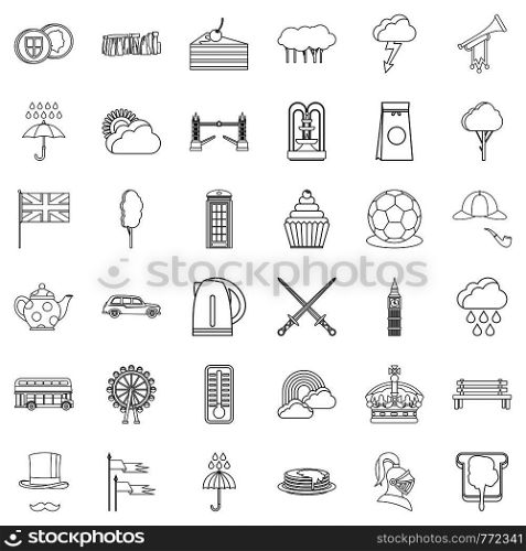 England icons set. Outline style of 36 england vector icons for web isolated on white background. England icons set, outline style