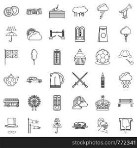 England icons set. Outline style of 36 england vector icons for web isolated on white background. England icons set, outline style
