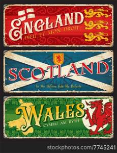 England, Scotland, Wales british regions plates or stickers, vector tin signs. UK Britain metal plates with maps, crest or emblems with slogans and landmark symbols of regions, travel luggage tags. England, Scotland, Wales british regions plates