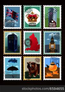 England set of posters in shape of postage stamps with landmarks on wooden background isolated vector illustration. England Posters Set