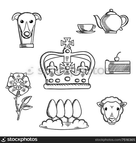 England traditional objects and symbols sketch icons with heraldic tudor rose and park, royal dog and tea set, pie, sheep and Emperor crown. England traditional objects and symbols
