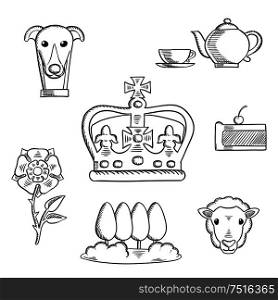 England traditional objects and symbols sketch icons with heraldic tudor rose and park, royal dog and tea set, pie, sheep and Emperor crown. England traditional objects and symbols