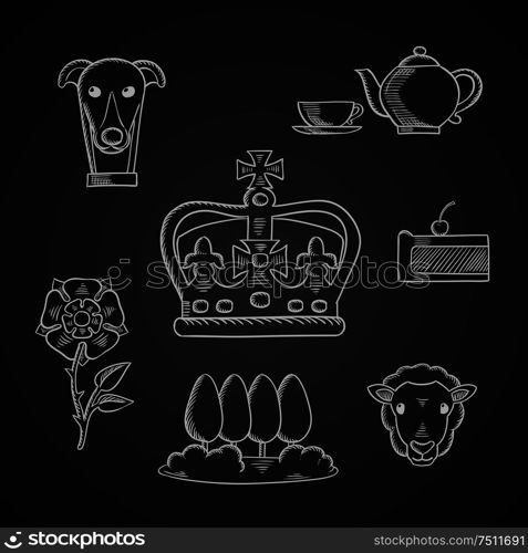 England traditional symbols and icons with heraldic tudor rose and pie, park landscape, dog and tea set, sheep and emperor crown. England traditional symbols and icons