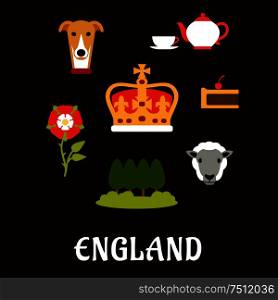 England traditional symbols flat icons with heraldic tudor rose, park landscape, royal dog, tea set, pie, sheep and Emperor crown. England traditional symbols flat icons