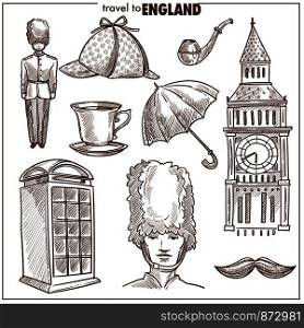 England travel tourism sketch symbols and famous culture landmarks or attractions. UK British flag, Big Ben Tower or London phone booth and royal guard or pipe and detective hat vector isolated icons. England travel tourism vector sketch symbols