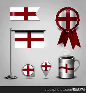 England United Kingdom Country Flag place on Map Pin, Steel Pole and Ribbon Badge Banner. Vector EPS10 Abstract Template background