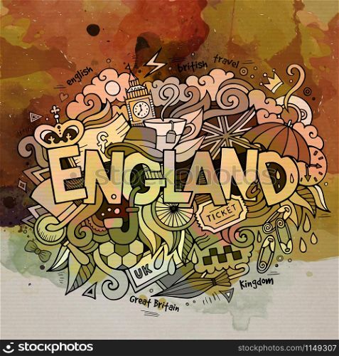 England watercolor hand lettering and doodles elements background. Vector illustration. England watercolor hand lettering and doodles elements backgroun