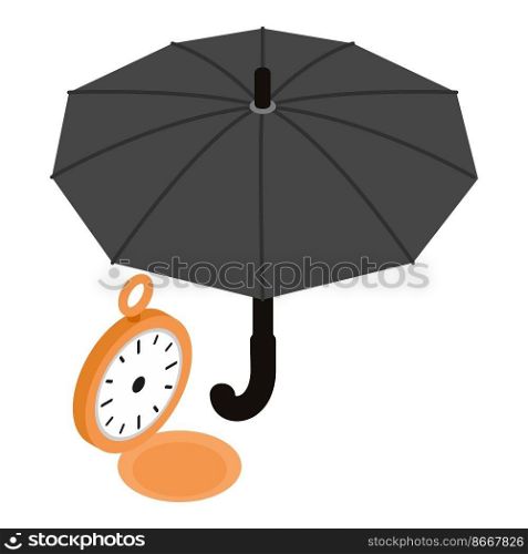 English accessory icon isometric vector. Pocket watch and black umbrella cane. Traditional english attribute, history, culture, fashion. English accessory icon isometric vector. Pocket watch and black umbrella cane