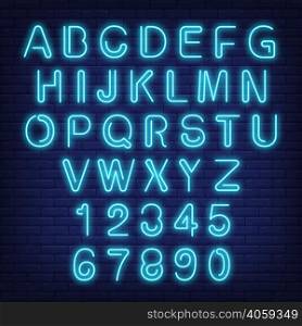 English alphabet and numbers. Neon sign with blue letters. Vector illustration in neon style for night bright advertisement