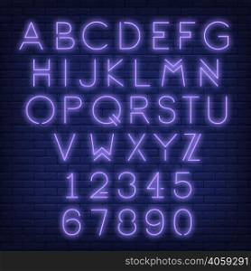 English alphabet and numbers. Neon sign with violet letters. Vector illustration in neon style for night bright advertisement.