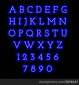 English alphabet and numbers. Neon style. Blue letters.