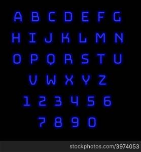 English alphabet and numbers. Neon style. Blue letters.