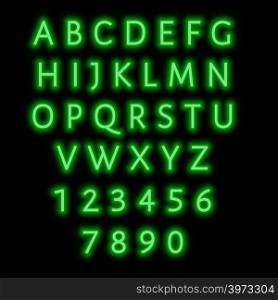 English alphabet and numbers. Neon style. Green letters.