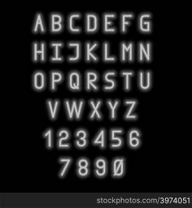 English alphabet and numbers. Neon style. Grey letters.