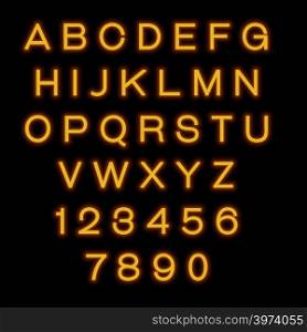 English alphabet and numbers. Neon style. Orange letters.