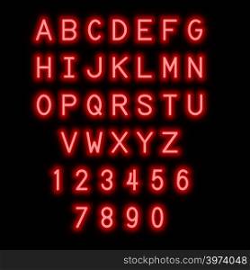 English alphabet and numbers. Neon style. Red letters.