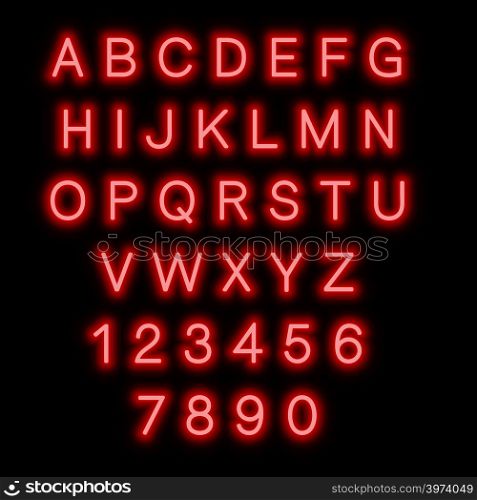 English alphabet and numbers. Neon style. Red letters.