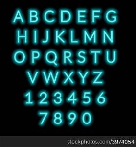 English alphabet and numbers. Neon style. Sea-green letters.